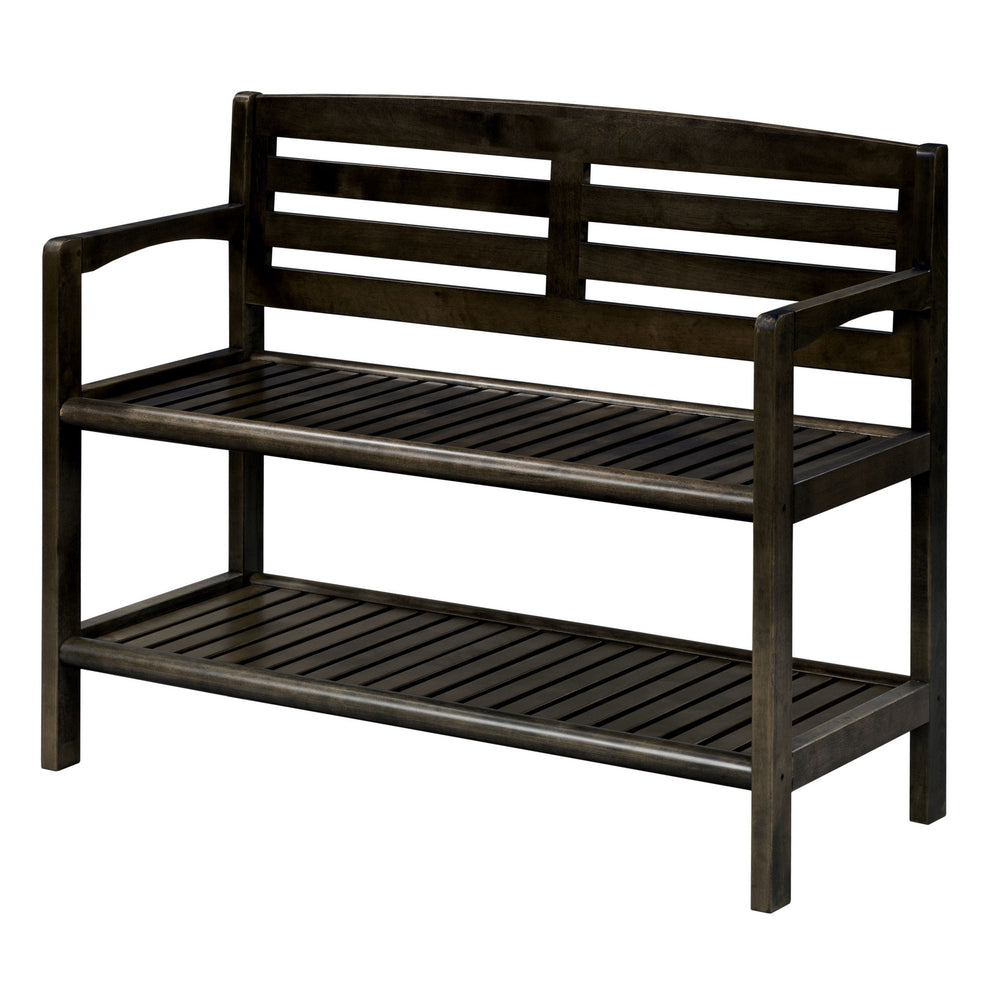 Homeroots Espresso Finish Solid Wood Slat Bench With High Back And Shelf  Solid Wood 380023