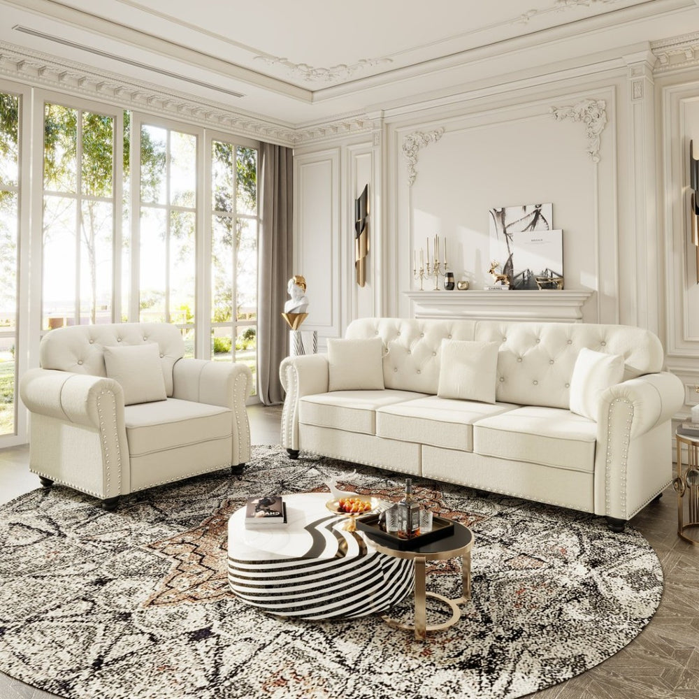 English Elm Upholstered Velvet Chesterfield Sofa with Button Tufting Brass Nailhead and Ottoman Beige+White W1885S00391