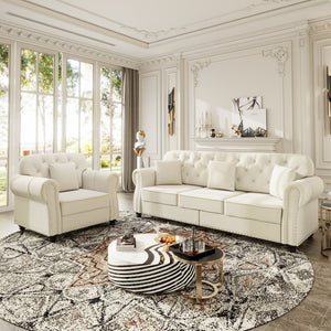 English Elm Upholstered Velvet Chesterfield Sofa with Button Tufting Brass Nailhead and Ottoman Beige+White W1885S00391
