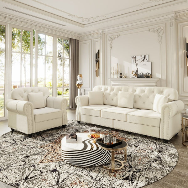 English Elm Upholstered Velvet Chesterfield Sofa with Button Tufting Brass Nailhead and Ottoman Beige+White W1885S00391