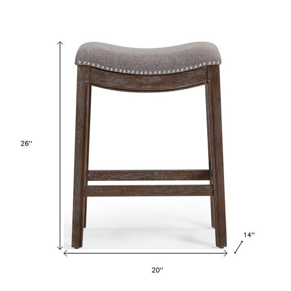 HomeRoots 26" Gray Fabric and Brown Solid Wood Backless Counter Stool with Footrest for Kitchen & Bar Use 380056