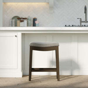 HomeRoots 26" Gray Fabric and Brown Solid Wood Backless Counter Stool with Footrest for Kitchen & Bar Use 380056