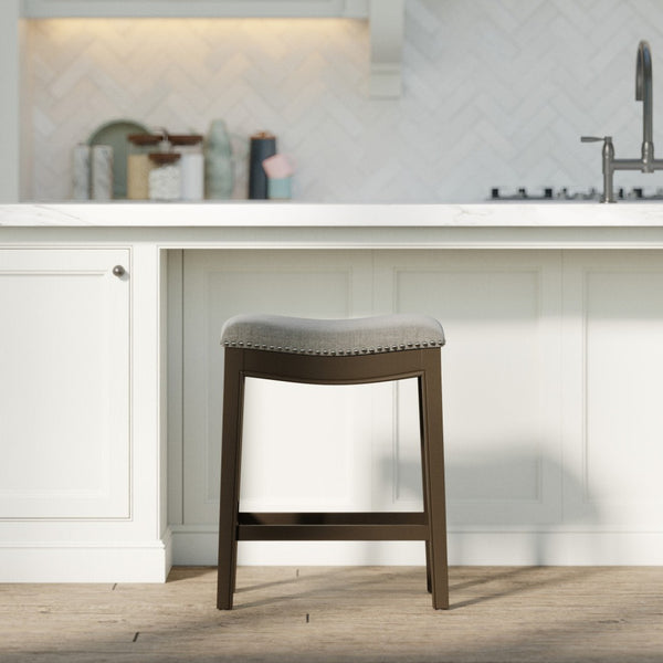 HomeRoots 26" Gray Fabric and Brown Solid Wood Backless Counter Stool with Footrest for Kitchen & Bar Use 380056