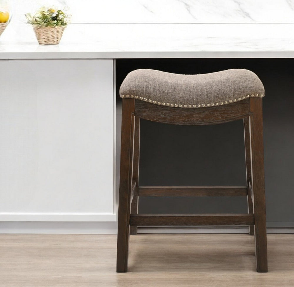 HomeRoots 26" Gray Fabric and Brown Solid Wood Backless Counter Stool with Footrest for Kitchen & Bar Use 380056