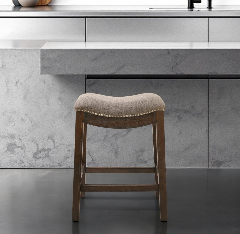 Homeroots 26" Gray And Wood Brown Fabric And Solid Wood Backless Counter Height Bar Chair   380056