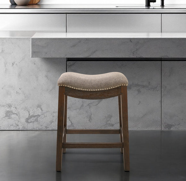 Homeroots 26" Gray And Wood Brown Fabric And Solid Wood Backless Counter Height Bar Chair   380056