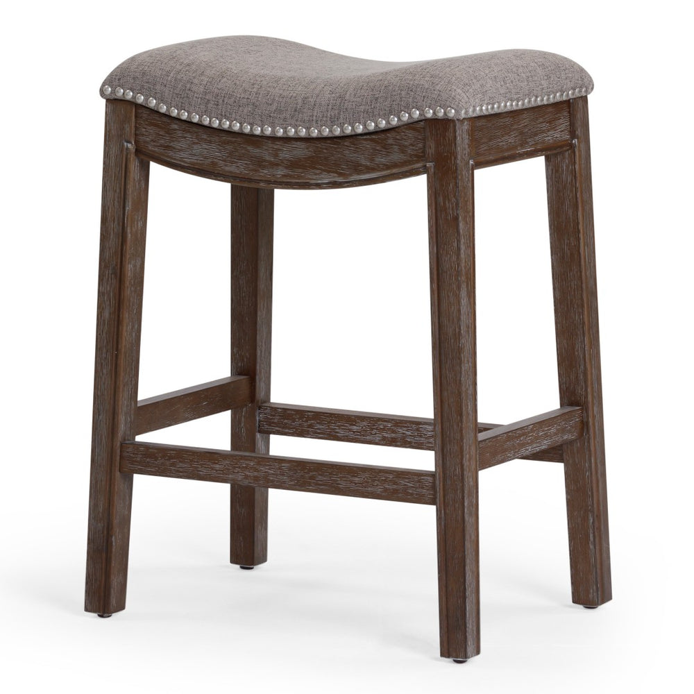 HomeRoots 26" Gray Fabric and Brown Solid Wood Backless Counter Stool with Footrest for Kitchen & Bar Use 380056