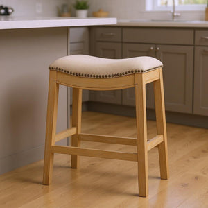 HomeRoots 26" Cream Saddle Stool with Solid Wood Frame | Rustic Backless Bar Chair for Modern Farmhouse Style 380057