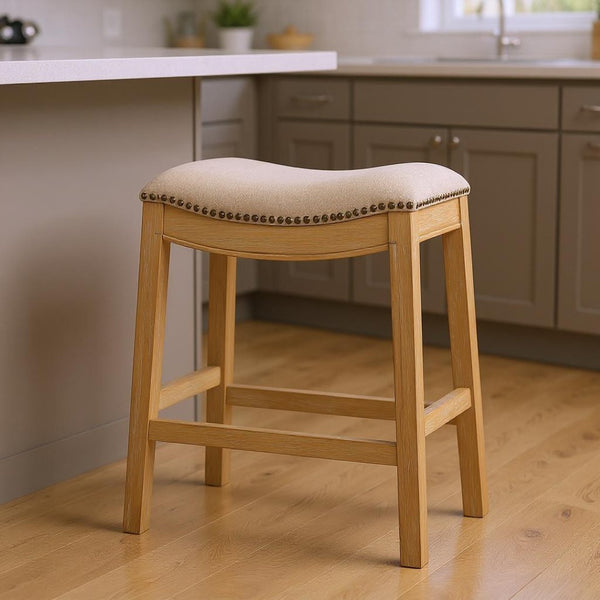 HomeRoots 26" Cream Saddle Stool with Solid Wood Frame | Rustic Backless Bar Chair for Modern Farmhouse Style 380057