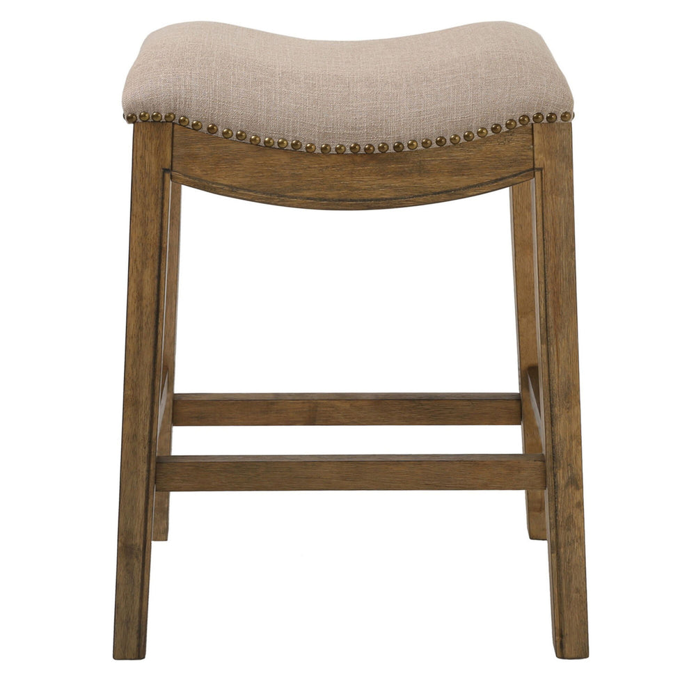 Homeroots 26" Cream And Wood Brown Fabric And Solid Wood Backless Counter Height Bar Chair   380057