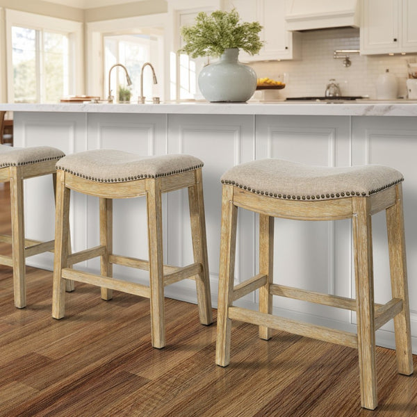 HomeRoots 26" Cream Saddle Stool with Solid Wood Frame | Rustic Backless Bar Chair for Modern Farmhouse Style 380057