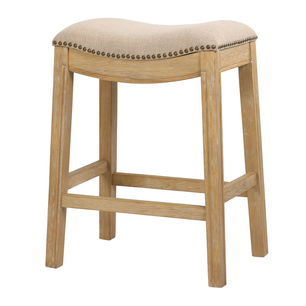 HomeRoots 26" Cream Saddle Stool with Solid Wood Frame | Rustic Backless Bar Chair for Modern Farmhouse Style 380057