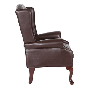 OSP Home Furnishings Traditional Queen Anne Wingback Chair with Oxblood Vinyl Lumbar Support and Cabriole Legs TEX234-JT4