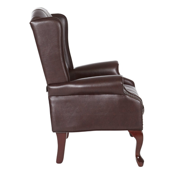 OSP Home Furnishings Traditional Queen Anne Wingback Chair with Oxblood Vinyl Lumbar Support and Cabriole Legs TEX234-JT4