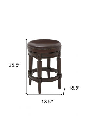 Homeroots 26" Dark Brown And Wood Brown Faux Leather Swivel Backless Counter Height Bar Chair   380061