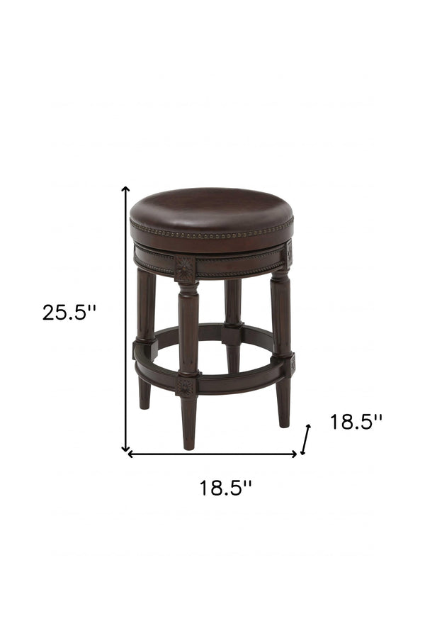 Homeroots 26" Dark Brown And Wood Brown Faux Leather Swivel Backless Counter Height Bar Chair   380061