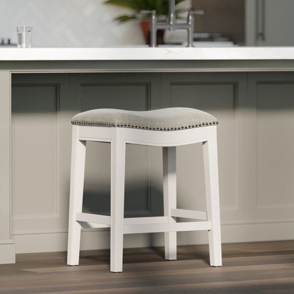 HomeRoots 26" Gray and White Backless Counter Stool - Modern Farmhouse Style with Linen-Blend Comfort & Charm 380062