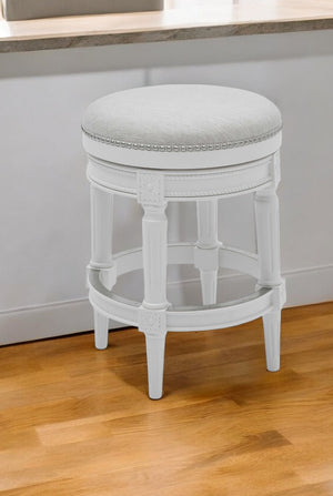 Homeroots 26" White Fabric And Solid Wood Swivel Backless Counter Height Bar Chair   380063