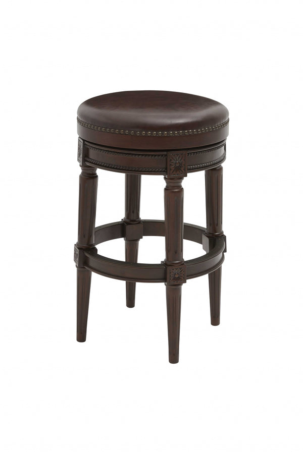 Homeroots 31" Wood Brown Faux Leather And Solid Wood Swivel Backless Counter Height Bar Chair   380065