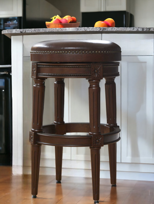 Homeroots 31" Wood Brown Faux Leather And Solid Wood Swivel Backless Counter Height Bar Chair   380065