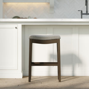 HomeRoots 31" Taupe Upholstered Backless Bar Chair with Brown Solid Wood Base for Modern Farmhouse Style 380067
