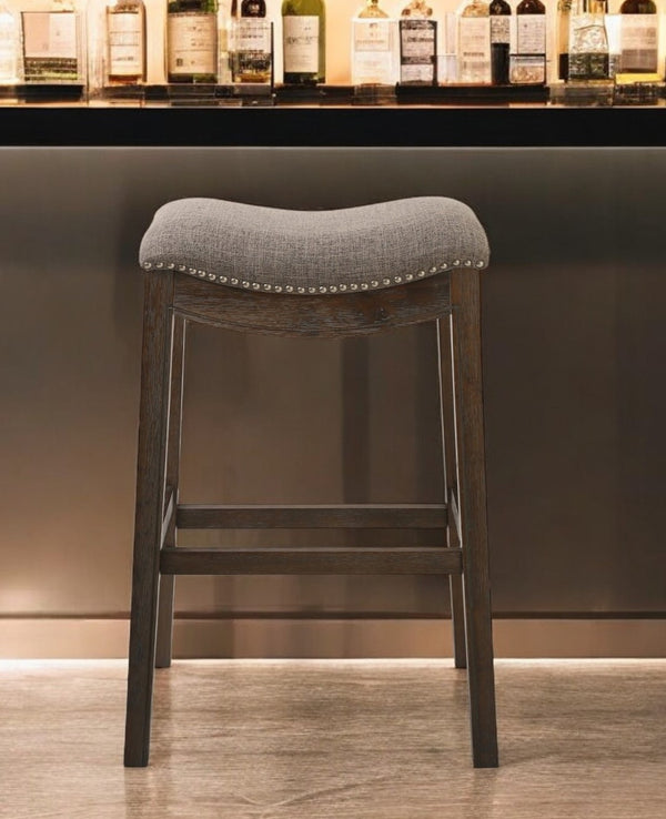 HomeRoots 31" Taupe Upholstered Backless Bar Chair with Brown Solid Wood Base for Modern Farmhouse Style 380067