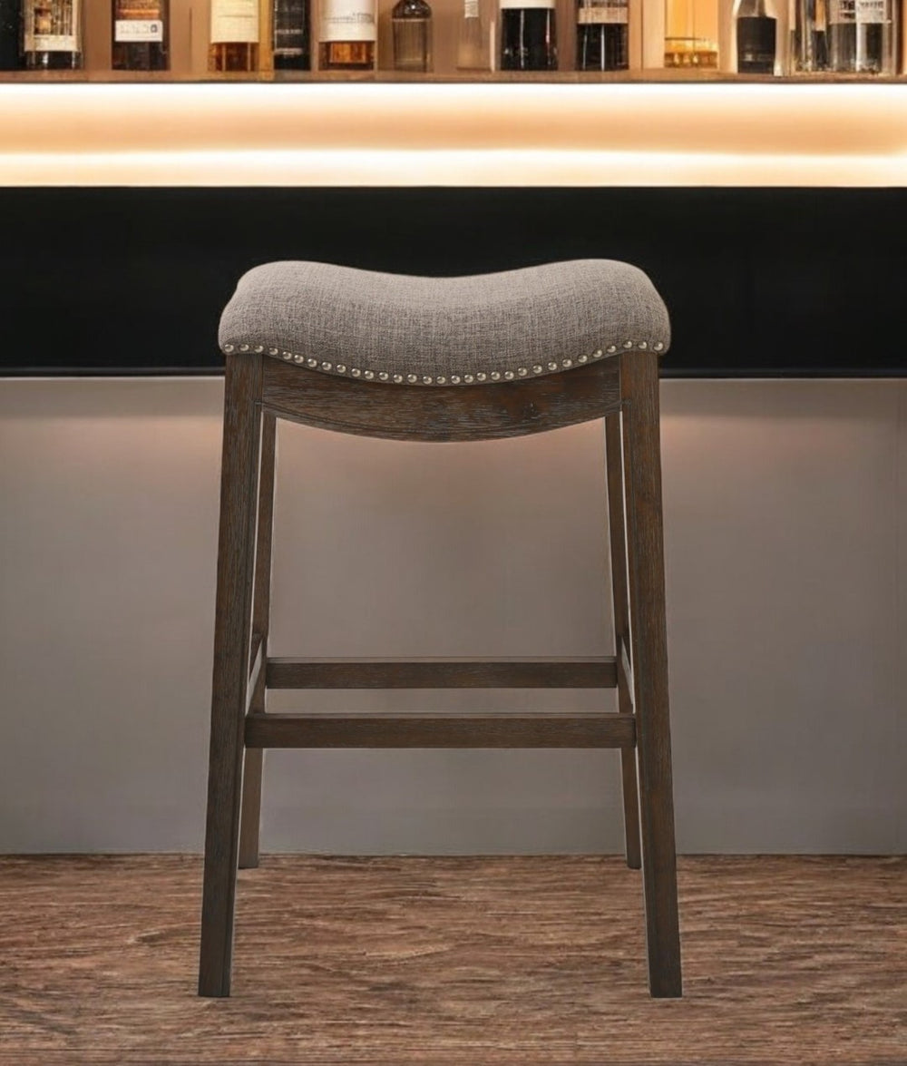 HomeRoots 31" Taupe Upholstered Backless Bar Chair with Brown Solid Wood Base for Modern Farmhouse Style 380067