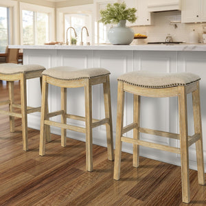 HomeRoots 31" Backless Bar Height Chair: Modern Farmhouse Linen Seat & Solid Wood Base for Elegant Spaces 380068