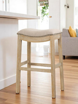 HomeRoots 31" Backless Bar Height Chair: Modern Farmhouse Linen Seat & Solid Wood Base for Elegant Spaces 380068