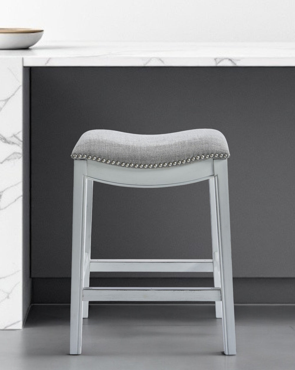 Homeroots 31" Linen And Natural Solid Wood Backless Bar Height Bar Chair   380068