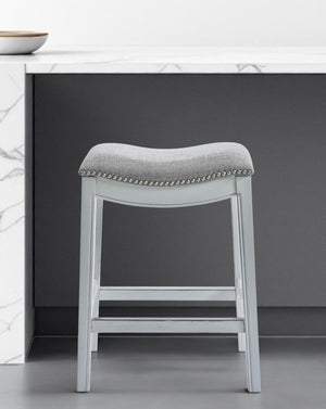 Homeroots 31" Linen And Natural Solid Wood Backless Bar Height Bar Chair   380068