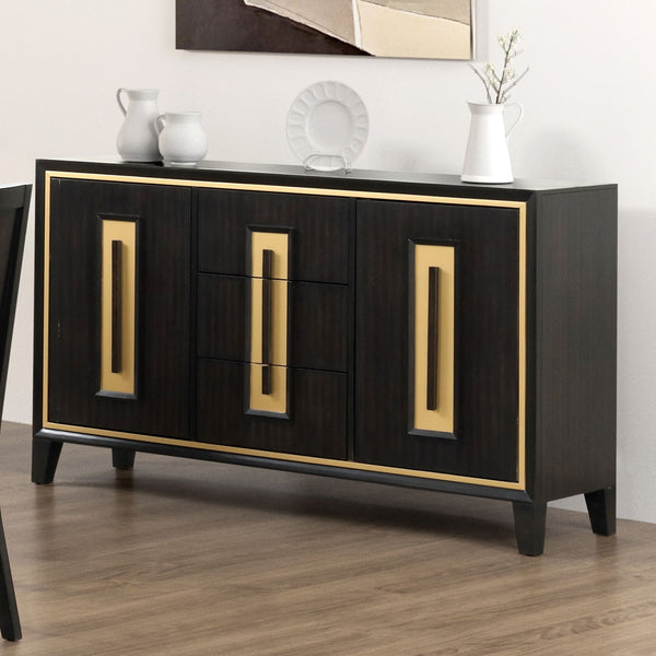 English Elm Espresso Contemporary Farmhouse Server 60"W with Wood Handles, Felt-Lined Dovetail Drawers, Gold Trim B2741P311026