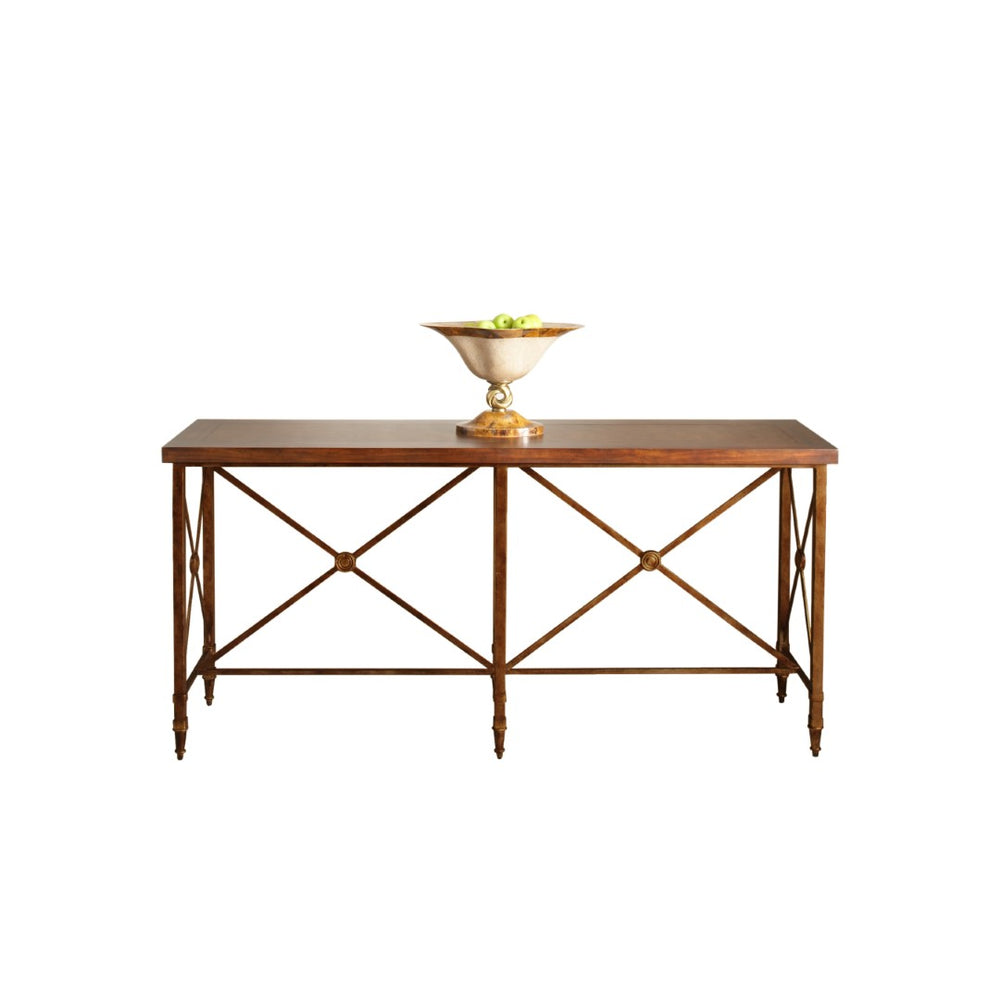 Chelsea House Overland Cherry Console Table With Antique Gold Metal Base — Transitional 78" Display Console 380081
