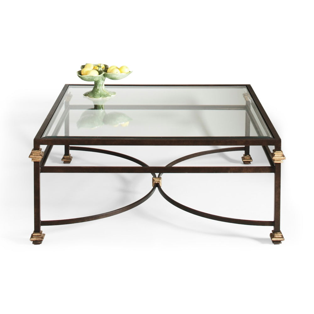 Chelsea House Collar Square Coffee Table With Tempered Glass Top, Dual-Tone Bronze & Gold Metal Frame, 43" Wide 380088