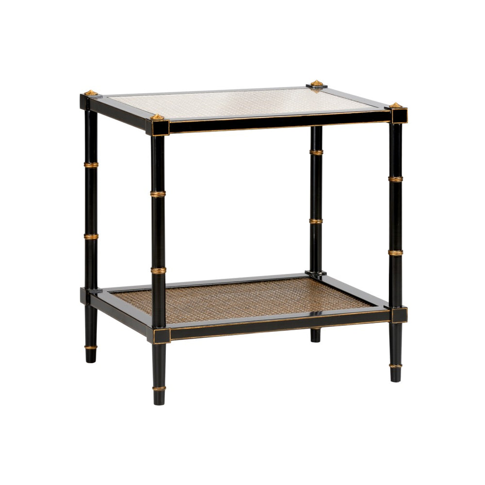 Chelsea House Conner Poplar Cane End Table With Tempered Glass Shelves, Black Frame & Gold Accents For Style And Storage 380100