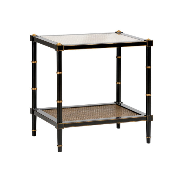 Chelsea House Conner Poplar Cane End Table With Tempered Glass Shelves, Black Frame & Gold Accents For Style And Storage 380100