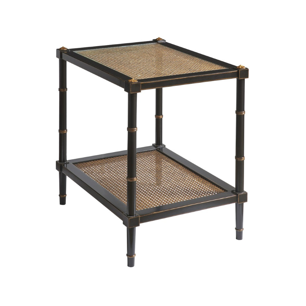 Chelsea House Conner Poplar Cane End Table With Tempered Glass Shelves, Black Frame & Gold Accents For Style And Storage 380100
