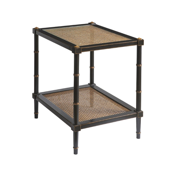 Chelsea House Conner Poplar Cane End Table With Tempered Glass Shelves, Black Frame & Gold Accents For Style And Storage 380100