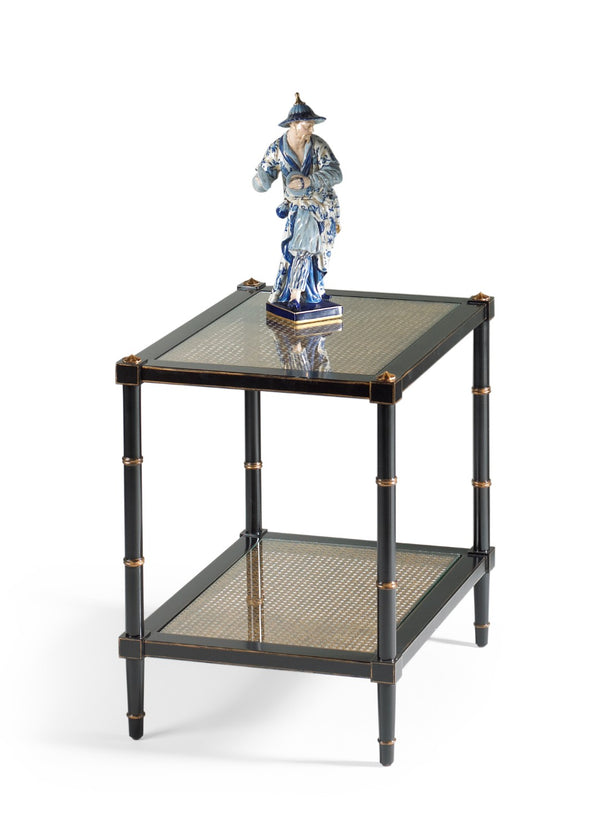 Chelsea House Conner Poplar Cane End Table With Tempered Glass Shelves, Black Frame & Gold Accents For Style And Storage 380100