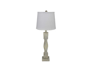 Homeroots Distressed Washed Wood Finish Table Lamp With Crisp White Shade   380139