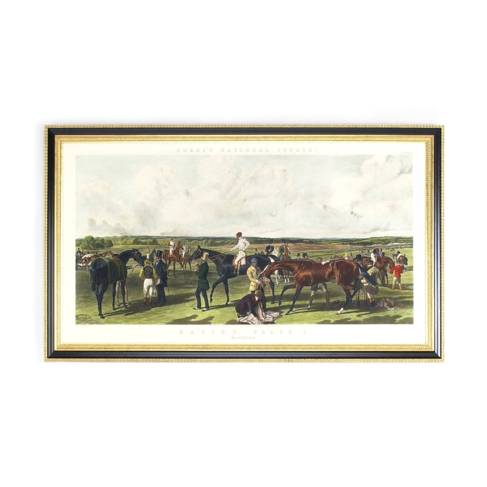 Chelsea House Fores Hand-Colored Saddling Engraving In Black & Gold Frame, Glazed Equestrian Art 29.5X49.5" 380148