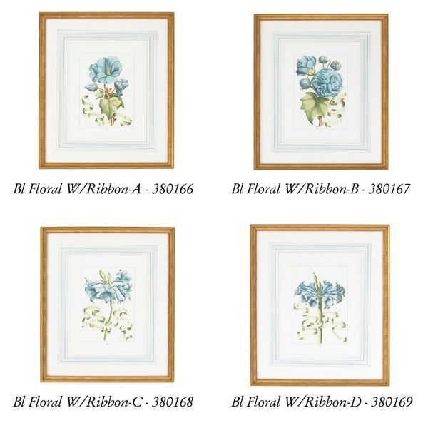 Chelsea House Bl Hand-Colored Floral Engraving With Ribbon In Gold Frame, Italian Art, French Mat, Ready To Hang 380167