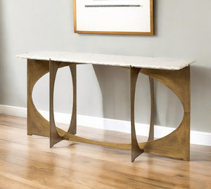 59 Inch Genuine Marble Top Console Table with Geometric Gold Metal Base Entryway