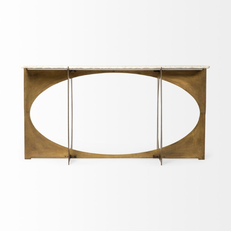 HomeRoots 59 Inch Genuine Marble Top Console Table with Geometric Gold Metal Base Entryway 380187