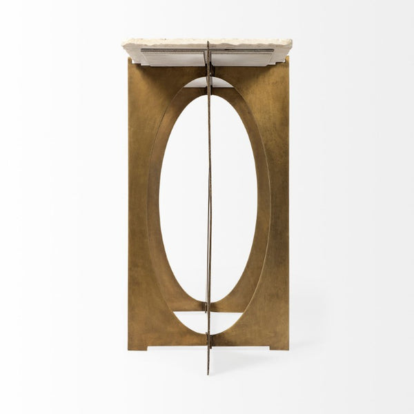 59 Inch Genuine Marble Top Console Table with Geometric Gold Metal Base Entryway