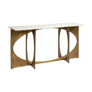 59 Inch Genuine Marble Top Console Table with Geometric Gold Metal Base Entryway