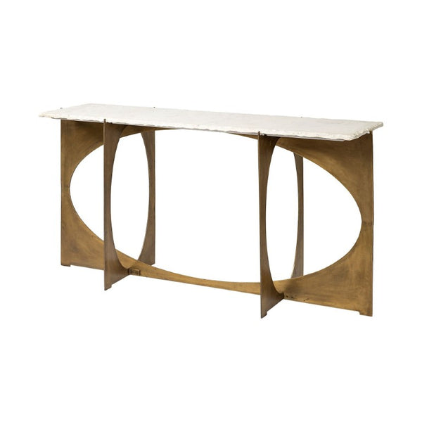 59 Inch Genuine Marble Top Console Table with Geometric Gold Metal Base Entryway
