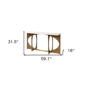 59 Inch Genuine Marble Top Console Table with Geometric Gold Metal Base Entryway