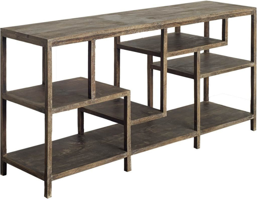 HomeRoots 66" Handcrafted Solid Mango Wood Console Table with Five Shelves for Rustic Charm & Versatile Storage 380191