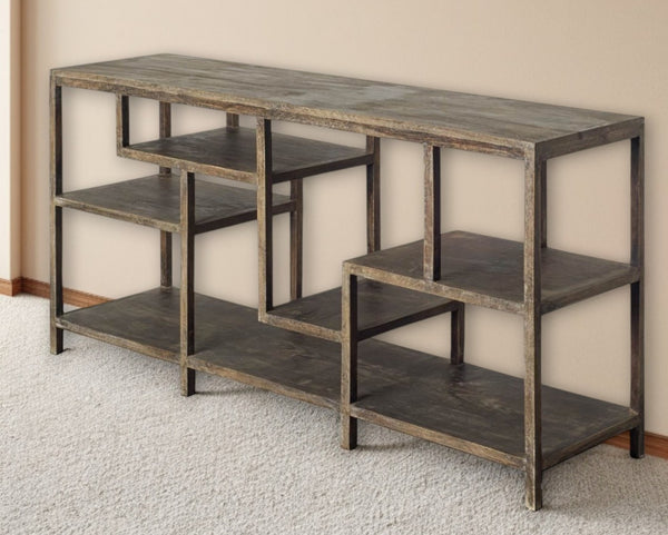 HomeRoots 66" Handcrafted Solid Mango Wood Console Table with Five Shelves for Rustic Charm & Versatile Storage 380191